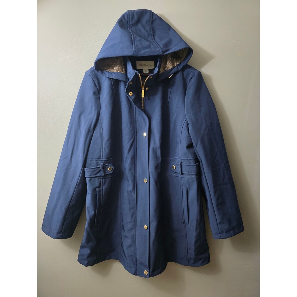 Liz Claiborne Navy Blue Hooded Softshell Anorak Jacket Gold Hardware J37665 XL